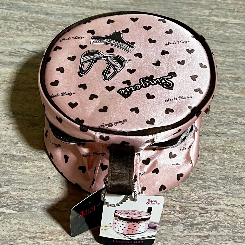 NWT Jacki Design Pink and Black Heart Print Lingerie Bag